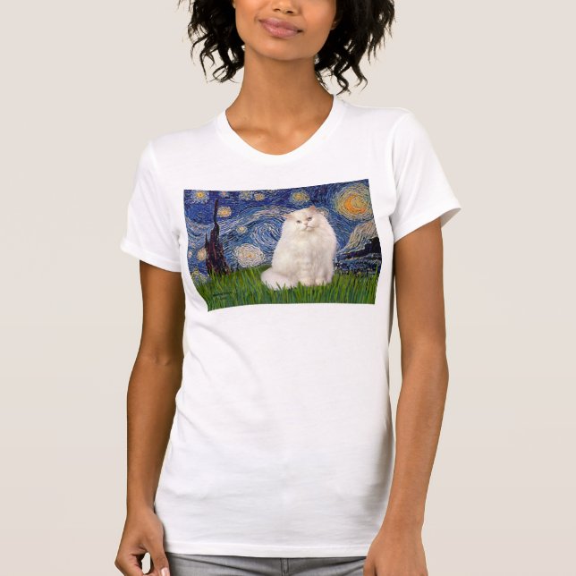 Camiseta Noite Estrelada - Gato Persa Branco (Frente)