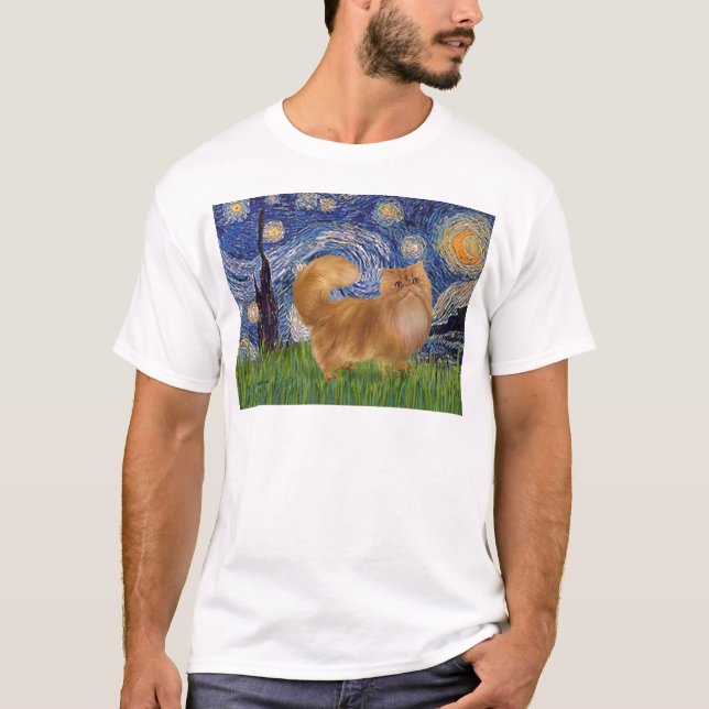 Camiseta Noite Estrelada - gato Persa Vermelho (Frente)