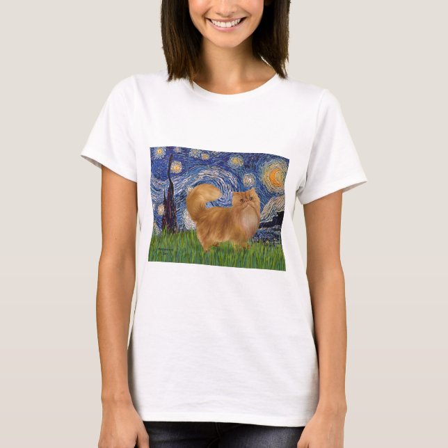 Camiseta Noite Estrelada - gato Persa Vermelho (Frente)