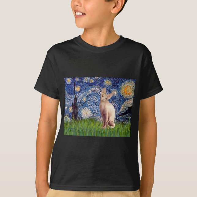 Camiseta Noite Estrelada - Gato Sphynx Creme (Frente)