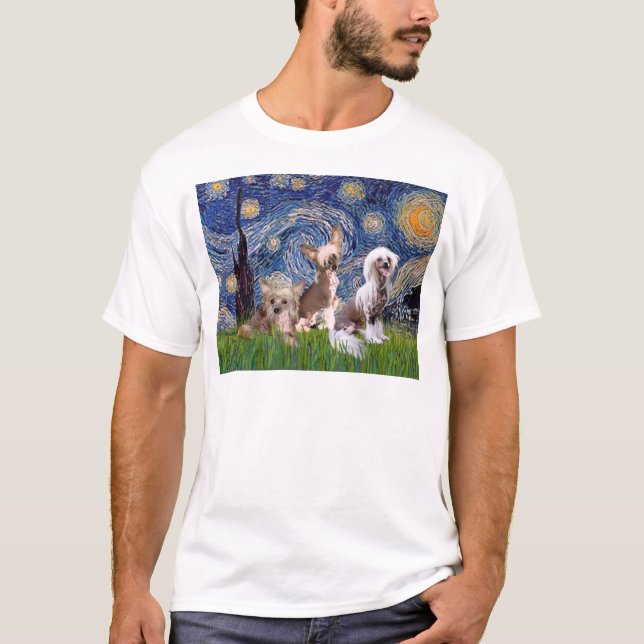 Camiseta Noite Estrelada - Três Chinese Cresteds HL (Frente)