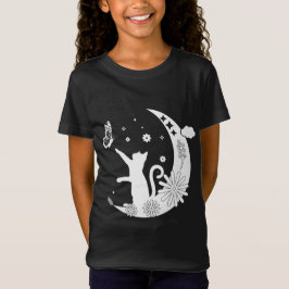 Camiseta Noite Floral De Gato Sentado Na Lua Com Borboleta