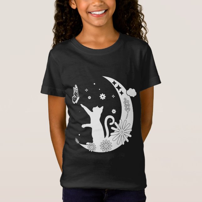 Camiseta Noite Floral De Gato Sentado Na Lua Com Borboleta (Frente)