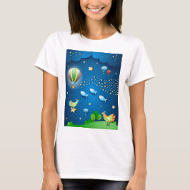 Camiseta Noite surreal com balões e onda de estrelas posta