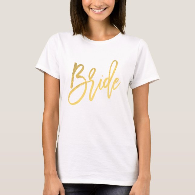 Camiseta Noiva Dourado Moderno Script Tendência Noivado (Frente)