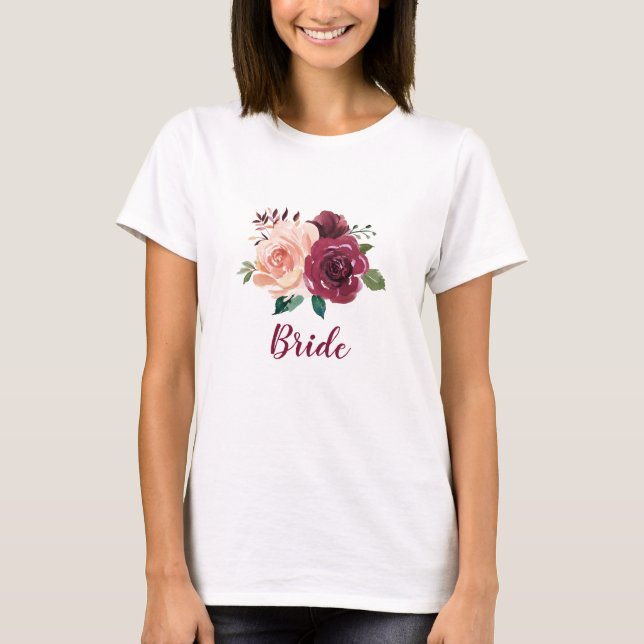 Camiseta Noiva Dusty Rosa Burgundy Casamento Floral (Frente)
