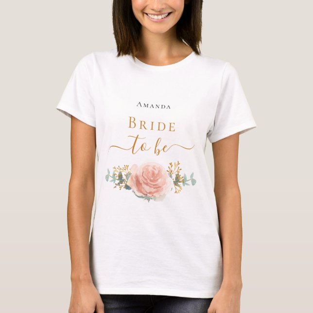 Camiseta Noiva floral de eucalipto em tons de dourado rosa (Frente)