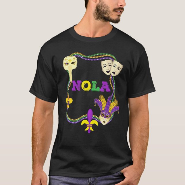 Camiseta Nola Mardi Gras Mask Miçanga Fleur De Lis New Orle (Frente)