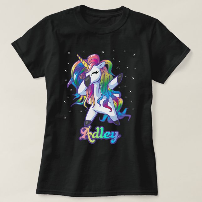Camiseta Nome ADLEY Personalizado do Rainbow Unicorn Dab Pe (Frente do Design)