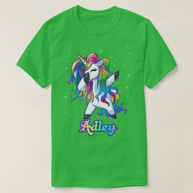 Camiseta Nome ADLEY Personalizado do Rainbow Unicorn Dab Pe (Frente do Design)