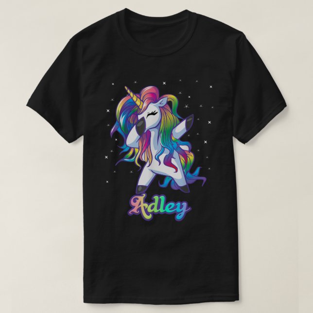 Camiseta Nome ADLEY Personalizado do Rainbow Unicorn Dab Pe (Frente do Design)