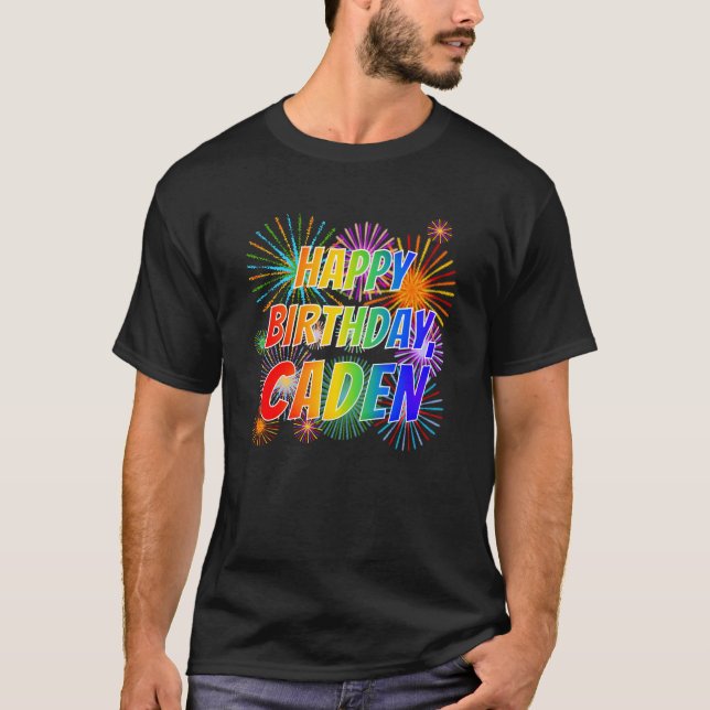 Camiseta Nome "CADEN", Diversão "FELIZ ANIVERSÁRIO" (Frente)