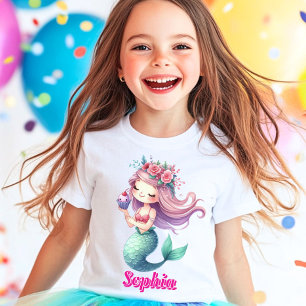 Camiseta Nome cor-de-rosa personalizado da sereia