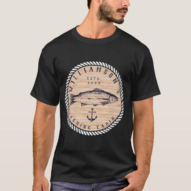 Camiseta Nome da família Cabina de Pesca Marinho azul Rústi (Frente)