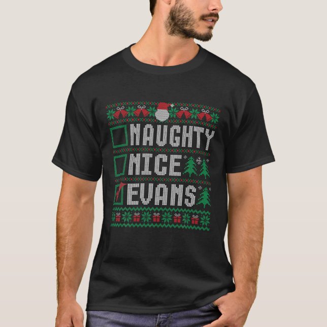 Camiseta Nome da família EVANS Xmas Naughty Nice EVANS Chri (Frente)