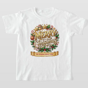 Camiseta Nome da Família Natal Feliz Retro Dourado
