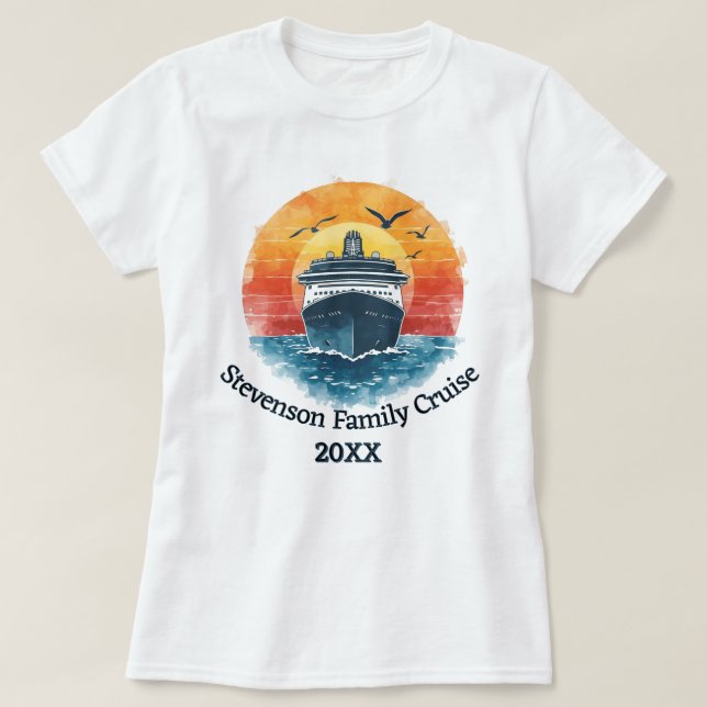 Camiseta Nome da Família Pôr do Sol Cruzeiro de Férias Pres (Frente do Design)