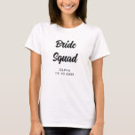 Camiseta Nome da Festa de solteira do Chá de panela Esquadr<br><div class="desc">Um simples design preto e branco minimalista para um chá de panela ou festa de solteira. O texto da caligrafia é personalizável e pode ser alterado para sua própria frase. Você pode alterar a fonte, a cor da fonte, o tamanho da fonte, o espaçamento da letra e reposicionar o texto...</div>