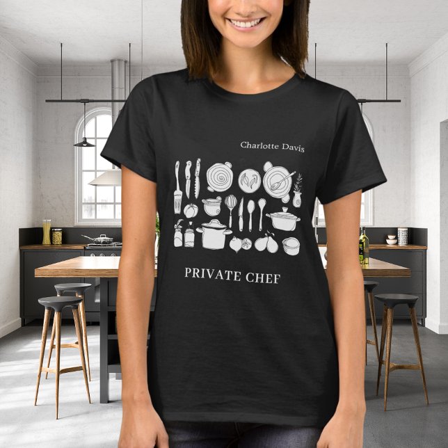 Camiseta Nome de chef privado script utensílios de cozinha  (Criador carregado)