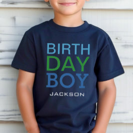 Camiseta Nome de Menino de Aniversário Azul e Verde em Negr