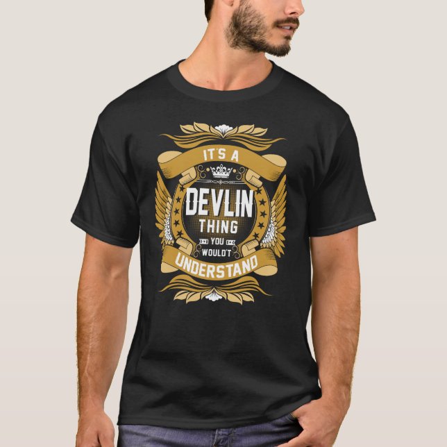 Camiseta Nome DEVLIN, nome da família DEVLIN crest (Frente)