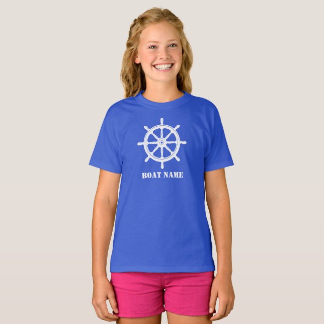 Camiseta Nome do barco ou Nome do navio Helm Wheel Royal Bl (Frente Completa)