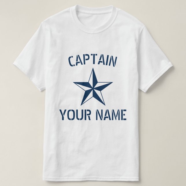 Camiseta Nome do capitão do navio branco azul marinho estre (Frente do Design)