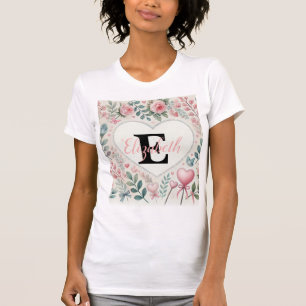 Camiseta Nome do monograma Corações de vintage aquarela flo