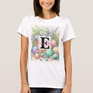 Camiseta Nome do monograma na aquarela Flores de conchas ma