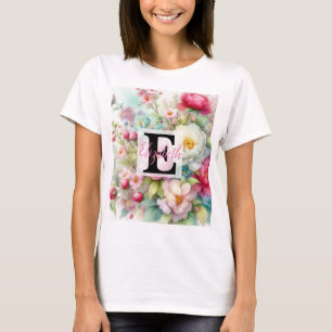 Camiseta Nome do monograma na aquarela Flores nos pastéis