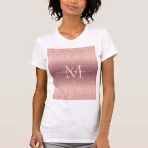 Camiseta Nome do Monograma Texto Rosa Dourado Blush Sparkle