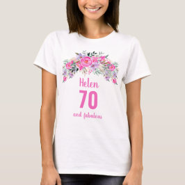 Camiseta nome floral cor-de-rosa de 70 aniversário