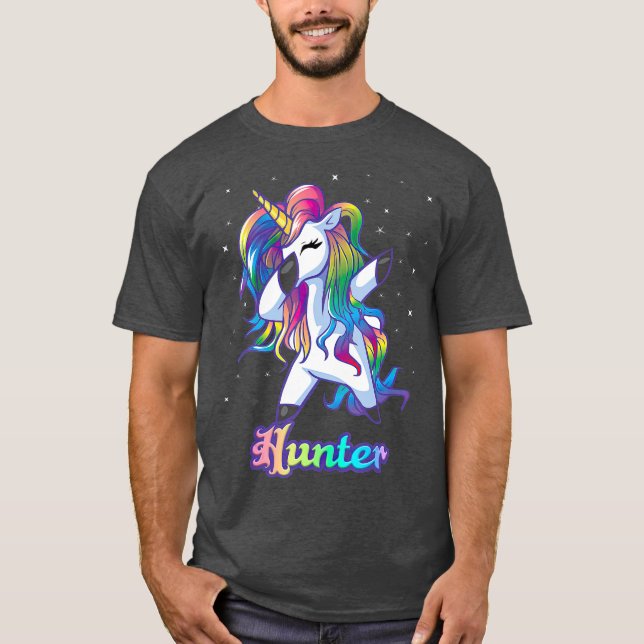 Camiseta Nome HUNTER Personalizado do Rainbow Unicorn Perso (Frente)