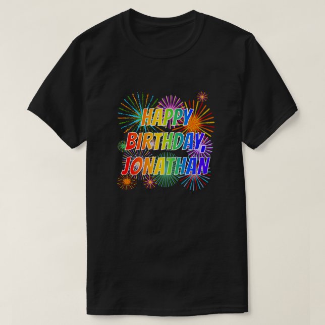Camiseta Nome "JONATHAN", Diversão "FELIZ ANIVERSÁRIO" (Frente do Design)