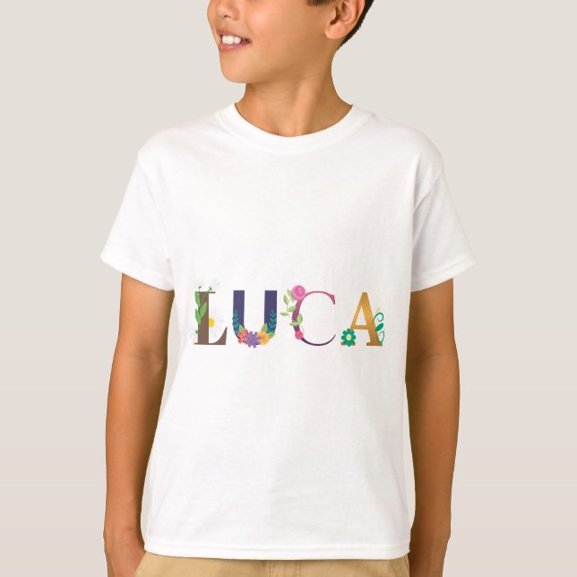 Camiseta Nome LUCA Art com flores bordadas (Frente)