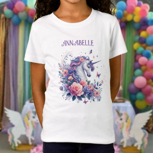 Camiseta Nome Mágico do Unicórnio Rosa Púrpura das Garotas