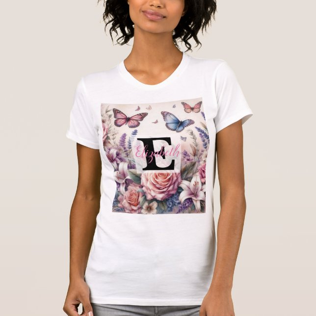 Camiseta Nome monograma em aquarela Flores em pastos (Frente)