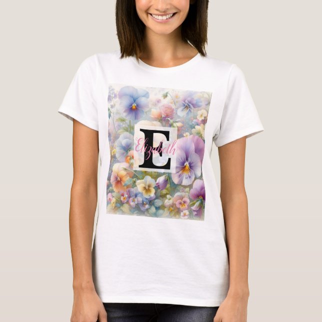 Camiseta Nome monograma em aquarela Flores em pastos (Frente)