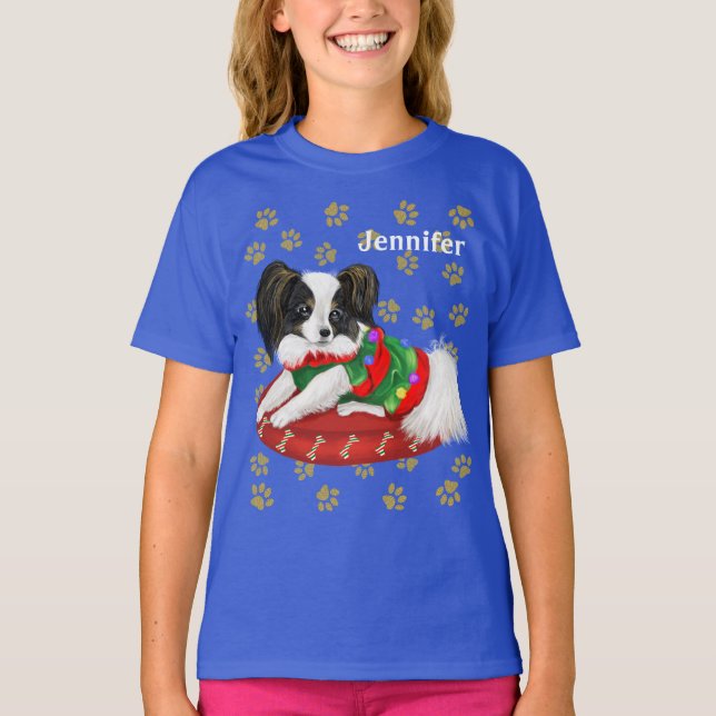 Camiseta Nome Personalizado Adorável de Papillon de Natal (Frente)