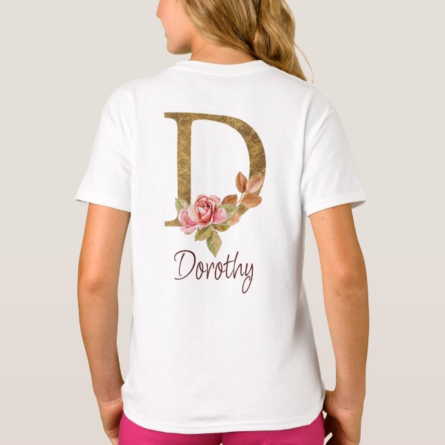Camiseta Nome Personalizado Blush Rosa Folha Dourada Letra  (Verso)