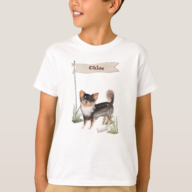 Camiseta Nome Personalizado Cão-Pet Chihuahua de Longa Cabe (Frente)