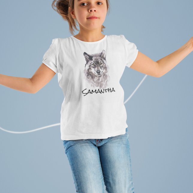Camiseta Nome personalizado da cabeça do Lobo de Watercolor (Criador carregado)