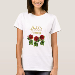 Camiseta Nome personalizado da flor vermelha e das folhas v
