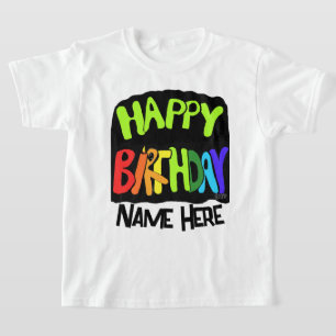 Camiseta Nome personalizado de aniversário brilhante e feli