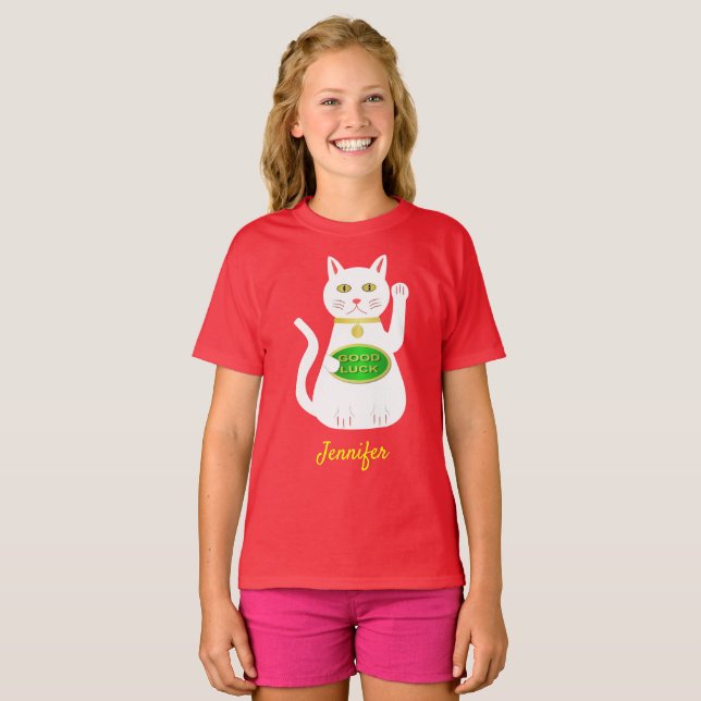 Camiseta Nome Personalizado de Gato Sortudo Oriental (Frente Completa)