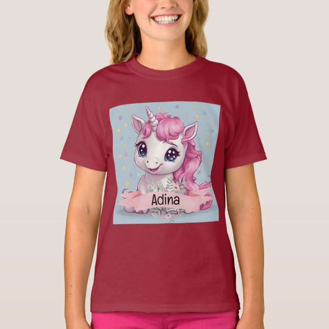 Camiseta Nome Personalizado do Baby Unicorn Stars Rosa Mági (Frente)