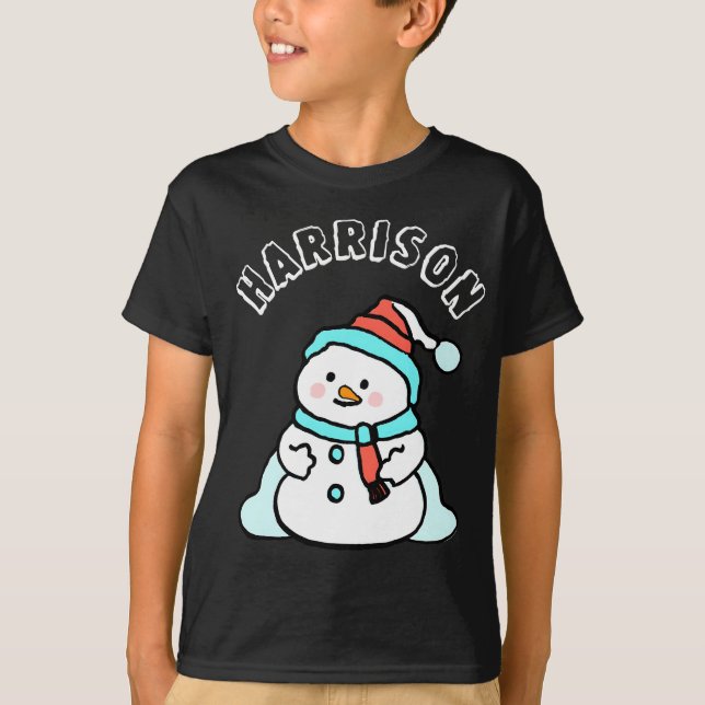 Camiseta Nome personalizado do Snowman Boys Black Christmas (Frente)