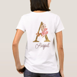 Camiseta Nome Personalizado Folha de Ouro Blush Rosas Rosa