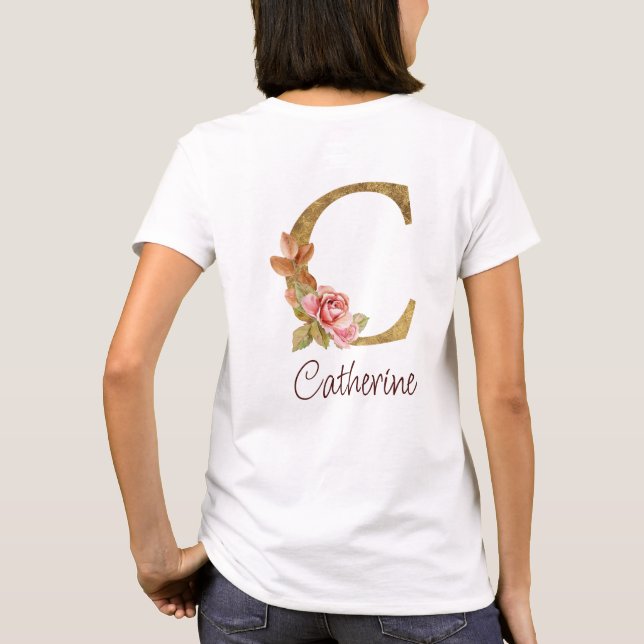 Camiseta Nome Personalizado Folha de Ouro Rosa Bege Rosas L (Verso)