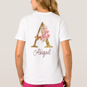 Camiseta Nome Personalizado Folha Ouro Rosas Rosa Escamotea